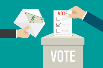 Cartoon hand drops voting page into ballot box. Other hand gives envelope with banknotes. Corruption, bribery of voters. Bribe for the desired vote. Flat vector illustration