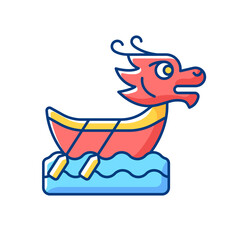 Dragon boat festival RGB color icon. Tuen Ng. Ornately carved boats. Sacred ceremony. Cultural activities, traditions. Ancient folk ritual. Painted dragon heads and tails. Isolated vector illustration