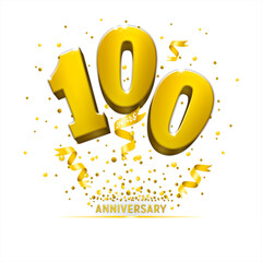 Poster template for Celebrating 100th anniversary event party. Gold 3d numbers with glitter gold confetti, serpentine. Festive background for celebration event, wedding, greeting card, and invitation