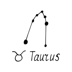 constellation taurus icon and lettering. hand drawn doodle style. vector, minimalism, monochrome, sketch. zodiac sign, horoscope.