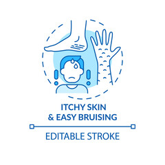 Itchy skin and easy bruising concept icon. Liver disease sign idea thin line illustration. Itching sensations. Diabetes complications. Vector isolated outline RGB color drawing. Editable stroke