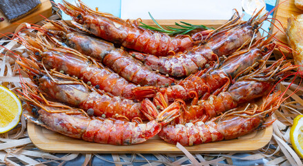 Tiger chrimp. Selling seafood in a supermarket. Delicious gourmet shrimp for the festive table.