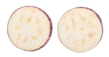 sliced striped eggplant path isolated on white