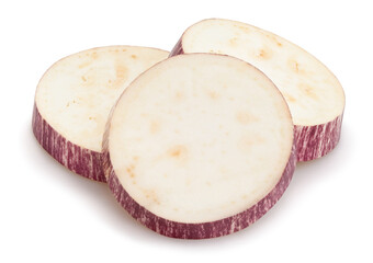 sliced striped eggplant path isolated on white