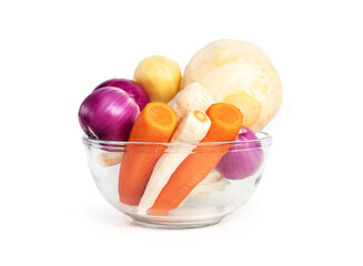 Root vegetables peeled in glass bowl dish. Ready to use winter veggies for soups, chips, stews and smoothies. Concept for healthy make-ahead meals, budget wise cooking and soup day. Isolated on white.