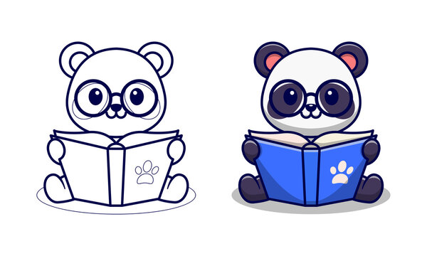 Cute panda reading book cartoon coloring pages for kids