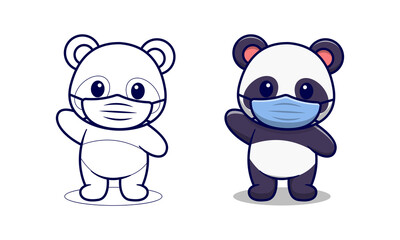 Obraz na płótnie Canvas Cute panda wearing mask cartoon coloring pages for kids
