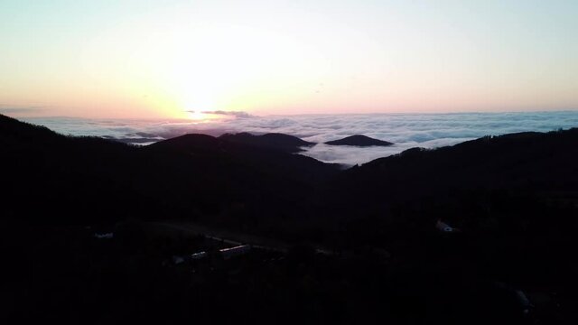 Aerial Push In Fog At Sunrise Near Sampson NC In Watauga County North Carolina, NC