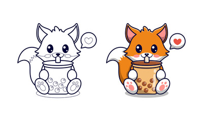 Cute fox drinking bubble tea cartoon coloring pages for kids