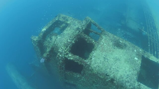 Underwater footage of the sunken shipwreck of the ex Australian Navy boat the HMAS Tobruk to provide an artificial reef for scuba divers