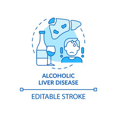 Alcoholic liver disease concept icon. Hepatitis disease idea thin line illustration. Scarring, cirrhosis. Abdominal pain and tenderness. Vector isolated outline RGB color drawing. Editable stroke