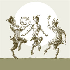 Fototapeta na wymiar Three merry fauns dance, engrave.