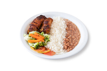 Brazilian executive dish with roasted chicken, rice, beans, carrots, tomatoes and broccoli. White background.