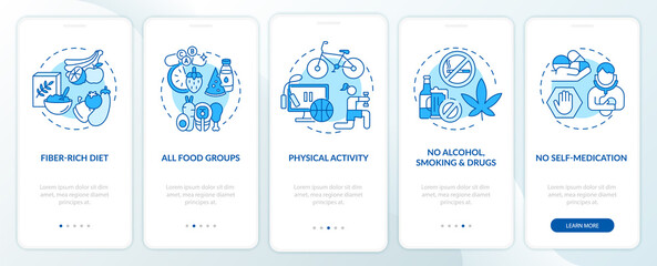 Hepatic health requirements onboarding mobile app page screen with concepts. All food groups walkthrough 5 steps graphic instructions. UI, UX, GUI vector template with linear color illustrations