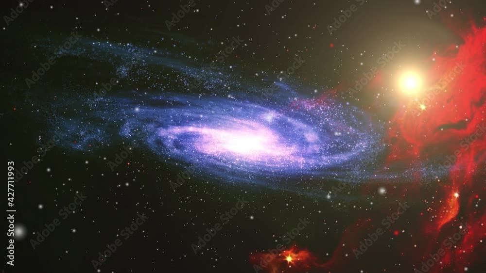 Wall mural spiral galaxies and red nebulae that move and float in the universe
