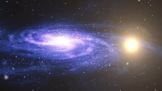 a galaxy moving in the universe with a bright star nearby.