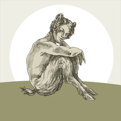 The faun sits against the moon. Etching.