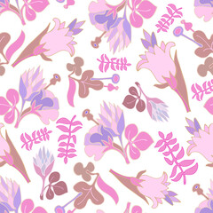 Fototapeta na wymiar Vector seamless colorful design pattern botanical cute spring herbs and flowers in pastel pink tones