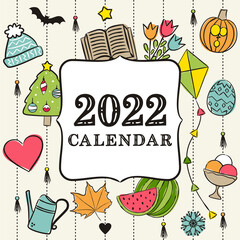 Thematic template for a calendar for 2022. Cover for the calendar with the seasons. Pattern for printing yearbooks and notebooks. Vector hand-drawn illustration, doodle style.