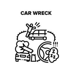 Car Wreck Crash Vector Icon Concept. Car Wreck And Knocking Down Pedestrian, Broken Tree Damaging Vehicle And Driver Fell Asleep At Wheel. Automobile Accident And Disaster Black Illustration