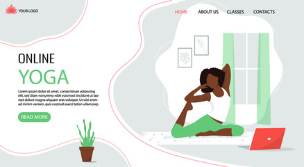 Banner online yoga with black African woman practicing at home. Vector illustration, web, landing page