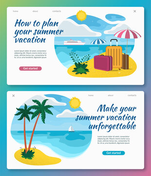 Set of summer vacation concept illustrations. Tropical landscape with sea, sky, sun, sandy beach, palm trees, umbrellas, tourist luggage, ship, sailboat on the horizon. Flat design.