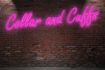 Neon Bondage Collar and Cuffs lettering on Brick Wall at night