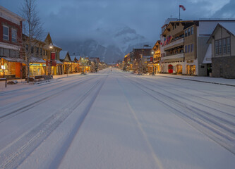 Early morning view of Banff Avenue and Cascade Mountain in Banff, Alberta, Canada