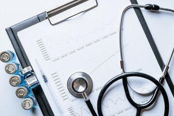 Graphic charts. Healthcare medical infographic, doctor health stethoscope and analysis vaccination...