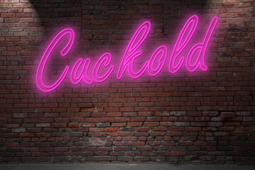 Neon Cuckold lettering on Brick Wall at night - obrazy, fototapety, plakaty