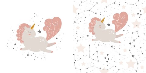 Magic pattern with a unicorn flying among stars