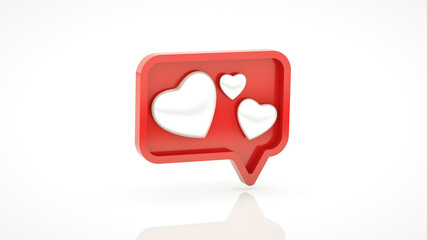 3d social media notification like heart icon in red speech bubble pin isolated on white wall background with reflection 3D rendering