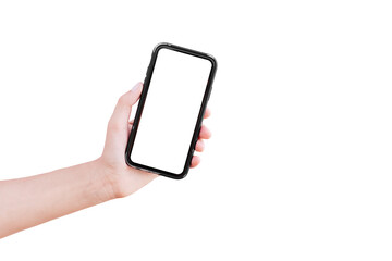 Smartphone with mockup in hand of man, isolated on white background.