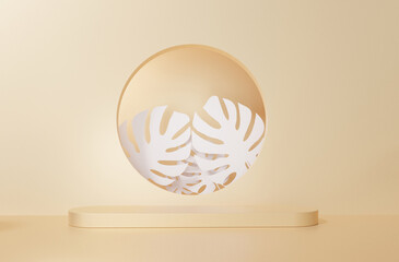 Gold Luxury 3d background white leaf monstera with geometric shapes, empty podium on floor. Platforms for product presentation, Abstract composition design, showcase pedestal, promotion, copy space.