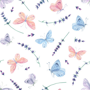 Pink blue butterfly seamless pattern. Watercolor lavender background
