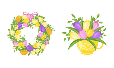 Bunch of Garden Flowers Rested in Ceramic Cup and Arranged in Wreath Vector Set