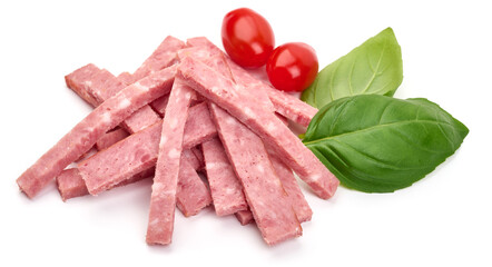 Salami sausage slices, ingredients, isolated on white background. High resolution image