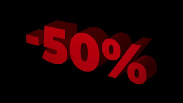 50 percent OFF. Red 3D text looped animation with a fifty percent discount for the sale.