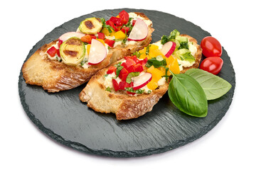 Italian bruschetta with mozzarella cheese, isolated on white background. High resolution image