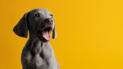Lindo cachorro de weimar weimaraner ojos azules gris mirando a la cámara sentado sobre un fondo amarillo minimalista y limpio - obrazy, fototapety, plakaty