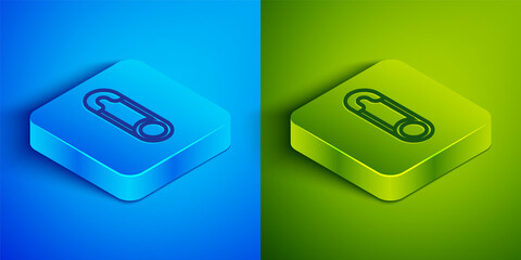 Isometric line Classic closed steel safety pin icon isolated on blue and green background. Square button. Vector