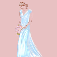 Young beautiful bride in dress.Sketch
