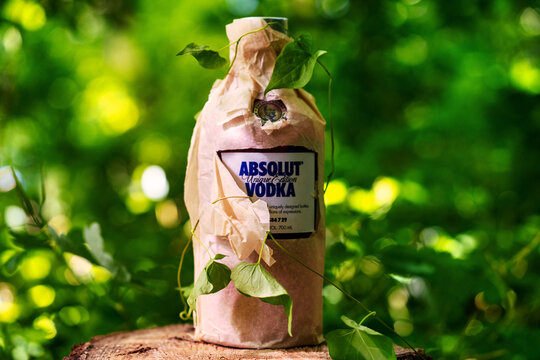 Rostov-on-Don, Russia - June 27, 2020: bottle of swedish absolut vodka on nature background