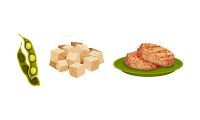 Patty Cake of Soy Meat and Cubes of Tofu Cheese Vector Set