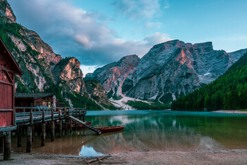 Panoramic view of Lake Braies in the Dolomites, Italy.