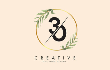 Number 30 3 0 logo design with golden circles and green leaves on branches around. Vector Illustration with numbers 3 and 0.
