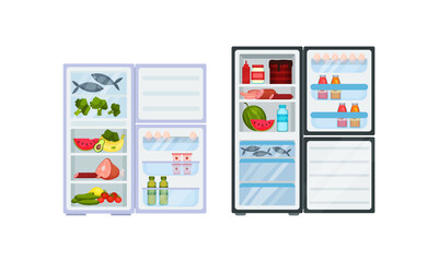 Open Refrigerator or Fridge as Home Appliance for Food Storage with Foodstuff Inside Vector Set