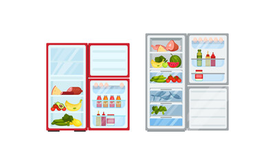 Open Refrigerator or Fridge as Home Appliance for Food Storage with Foodstuff Inside Vector Set