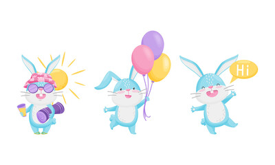 Obraz premium Cute Rabbit with Long Ears Greeting, Holding Bunch of Balloons and Sun Bathing Vector Set