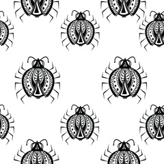 Black and white beautiful vector illustration of a beetle with patterns and small details. An idea for fashion illustrations, magazines, patterns, printing on clothes, advertising, interior decoration